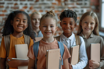 Portrait of cheerful smiling diverse schoolchildren standing posing in classroom holding notebooks and backpacks looking at camera happy after school reopen. Diversity. Back to school concept