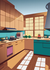 Illustration of a kitchen in a cartoon style. Vector illustration.