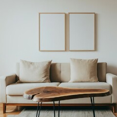 Mockup white poster frame on the wall. Wood slab coffee table, sofa with beige pillows near fireplace against white wall with copy space. Scandinavian home interior design of modern living room.