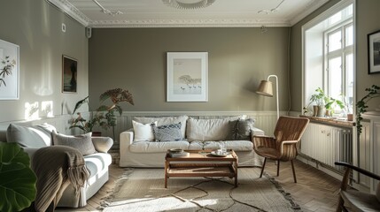 Fototapeta premium Contemporary Living Room with Neutral Decor and Cozy Furniture in a Modern Style, Featuring Beige and Light Brown for a Calm and Inviting Home Space