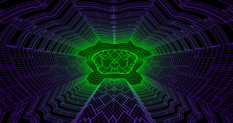 Wire low poly frame of a futuristic corridor or tunnel, consisting of lines and polygons in neon color on a black background. vector illustration.