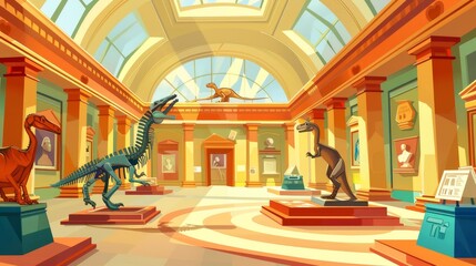 A historical museum interior showing dinosaur skeletons and archeological exhibits. Modern illustration of paleontology and archeology exhibits.