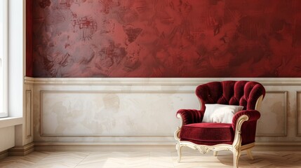 Classic Living Room with Red Accent Wall and Cozy Furniture in a Timeless Style, Featuring Burgundy Red and Light Beige for a Warm and Inviting Home Space