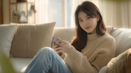 Obraz premium Woman Relaxing with Smartphone