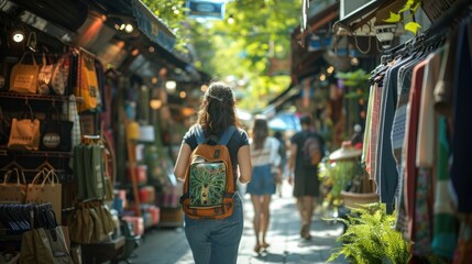 Naklejka premium Casual Shopping Stroll Through Vibrant Outdoor Market or Pedestrian Street