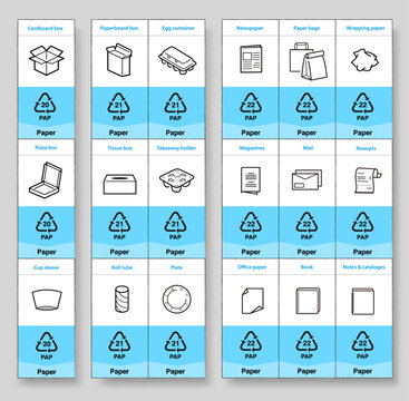 Ready sets of icons for separating paper waste. Vector elements are made with high contrast, well suited to different scales and on different media. Ready for use in your design. EPS10.