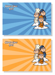 Cartoon mascot illustrations featuring construction workers, policemen, and chefs, accompanied by retro-style negative space for various design purposes, can be used for labor day celebrations.