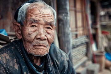Closeup portrait of a senior asian man displaying a thoughtful gaze, with a blurred background