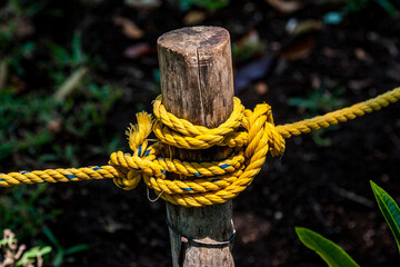 Yellow rope tied into knots to a wooden pole