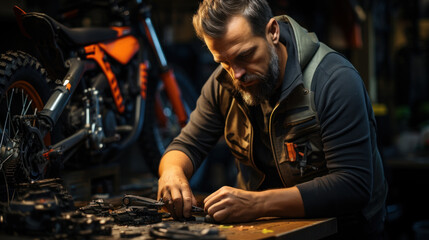 Man Working in Bicycle Repair Shop, Fixing Various Bike Parts with Focus and Skill