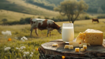 A wooden table with cheese and a glass of milk behind it. Cows are grazing in the pasture.
