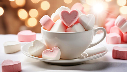 Fototapeta premium Extreme close-up of a white cup full of white and pink heart-shaped marshmallows on a table with a white tablecloth. Generative Ai.