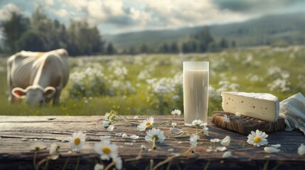 Fototapeta premium A wooden table with cheese and a glass of milk behind it. Cows are grazing in the pasture.