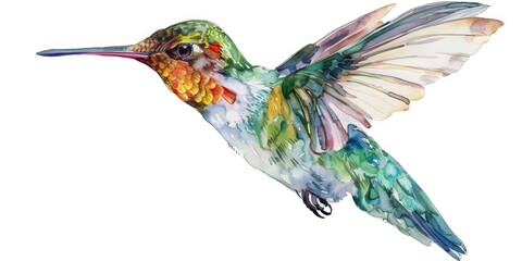 Beautiful watercolor painting of a hummingbird in flight, perfect for nature enthusiasts and bird lovers