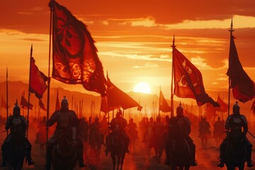 Silhouettes of armored knights bearing flags, galloping across a field under a vivid sunset sky