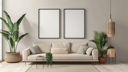 modern living room with two poster frame, scandinavian style