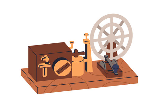 Vintage telegraph machine. 19th century Morse code device. Old wooden apparatus with keys, wheel. Ancient communication, Retro technology. Flat vector illustration isolated on white background