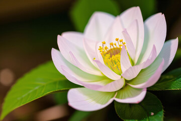 A beautiful pink lotus flower blooms in a calm pond