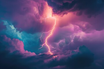 Dramatic purple and blue sky with a striking lightning bolt. Perfect for weather or nature concepts
