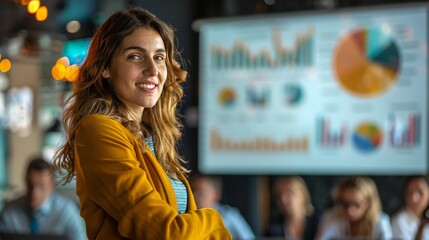 A businesswoman giving a presentation to her colleagues using a digital projector, with charts and graphs displayed on a screen behind her.