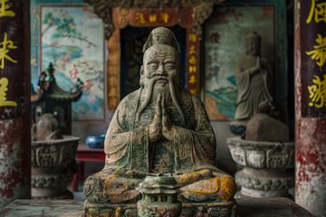 Venerable statue of confucius with a tranquil expression, set against a traditional temple background