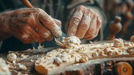 A close-up of a woodworker's hands carving a piece of wood with a chisel, creating intricate details for a handmade project.