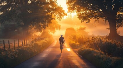A cyclist riding along a country road at sunrise, with the golden light filtering through the trees, illustrating the freedom and joy of a morning bike ride in nature.