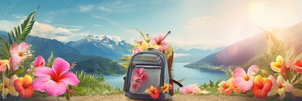 Wall mural Summer holiday tropic mountains with a travel bag banner with space for tex . beach element tropical flowers. Ai generative