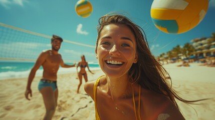 A group of friends playing a game of beach volleyball on the sand, laughing and having fun while getting a good workout. - Powered by Adobe