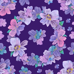 Seamless pattern of watercolor flowers floral lilac wreath. Botanical hand painted floral elements. Hand drawn illustration. On purple background. For fabric, wrapping paper, wallpaper, decor, textile