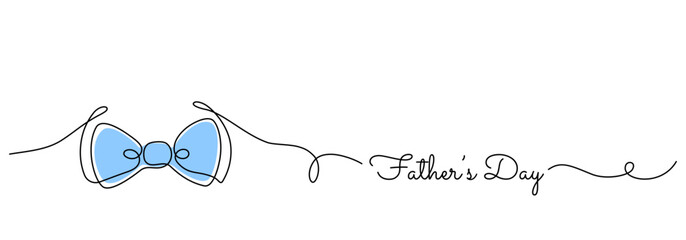 Father's Day one line art minimal banner with a man blue bow tie abstract drawing and hand drawn style text. Vector holiday greeting card outline background.