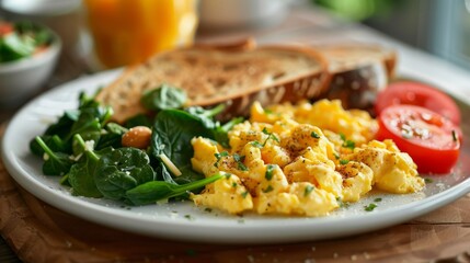 A healthy breakfast plate featuring scrambled eggs, spinach, and tomatoes, served with whole grain toast and a side of fresh fruit, presented elegantly on a white plate.