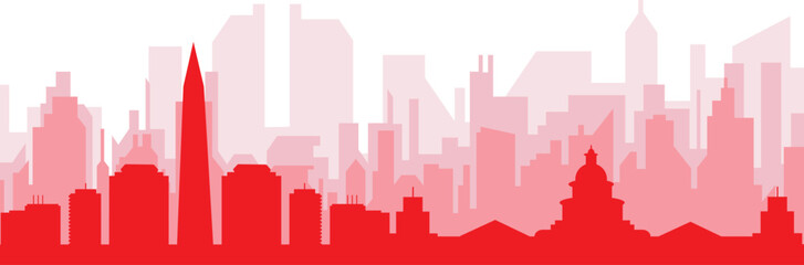 Fototapeta premium Red panoramic city skyline poster with reddish misty transparent background buildings of WASHINGTON D.C, UNITED STATES