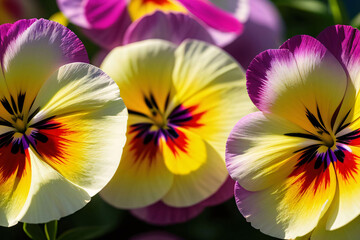 A vibrant garden bursts with colorful blooms, yellow and purple flowers in full blossom