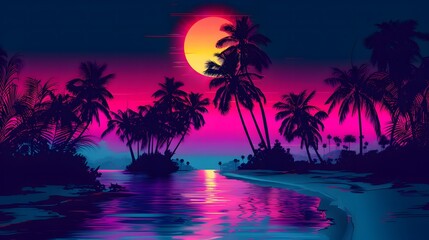 A tropical beach scene with a large orange and pink sun in the sky. The water is calm and the palm trees are swaying in the breeze. The scene is relaxing and peaceful