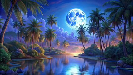 Obraz premium Landscape of the night jungle. Lagoon with moon reflection