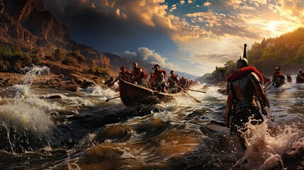 Ancient Roman Soldiers Rowing On River During Sunset in Mountainous Landscape