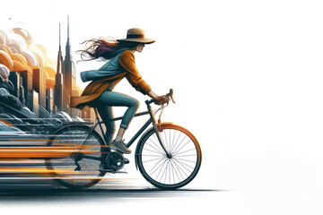 woman riding a bicycle on a road isolated on a white background