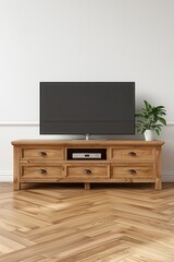 Spacious cabinet for large tv with storage in modern living room setting with houseplant