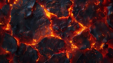 A close-up of a black rock with red glowing lava. The rock is cracked and broken, and the lava is...