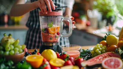 Everyday life with a person making a healthy breakfast smoothie, fruits, blender, nutrition, kitchen, wellness, lifestyle, vitamins, glass, counter.