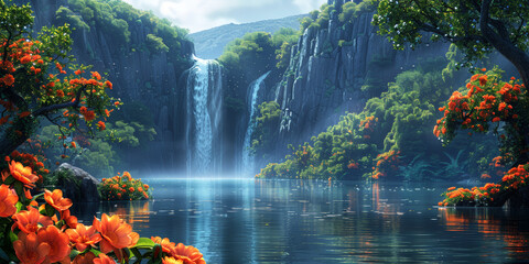 Tropical waterfall with flowers, ideal for environmental or travel advertising.