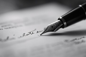 Fototapeta premium A fountain pen is writing on a piece of paper, leaving ink marks as it moves across the page