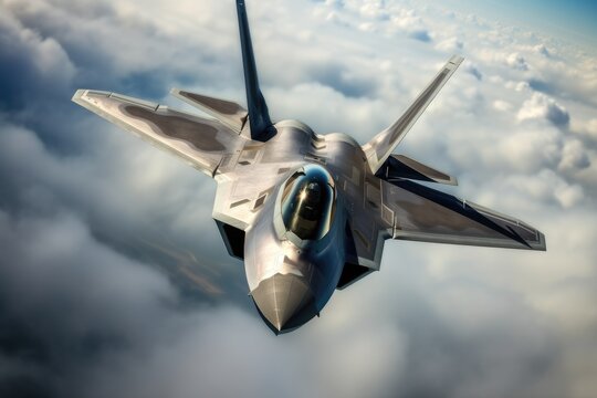 An F-22 Raptor stealth tactical fighter aircraft flies through the sky AIG51A.
