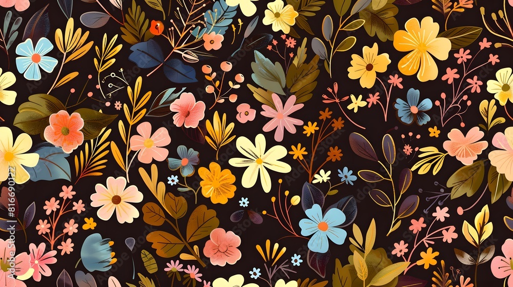 Wall mural A colorful floral pattern on a black background. The flowers are of various colors and sizes, and they are arranged in a way that creates a sense of movement and depth.scene is cheerful and vibrant