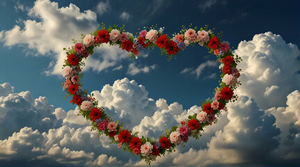 Fototapeta premium Heart shaped cloud with red or pink flowers,Generative.Ai