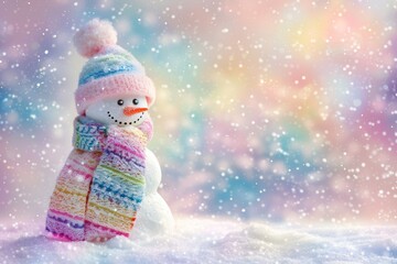 Cheerful snowman in winter holiday christmas banner with copy space, snowy landscape background