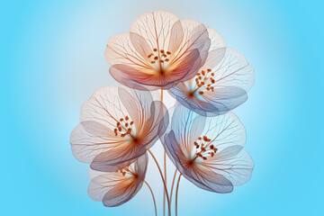 Delicate flowers with translucent petals reveal intricate veins and gradient colors, ranging from gentle pinks to fiery oranges at their centers.