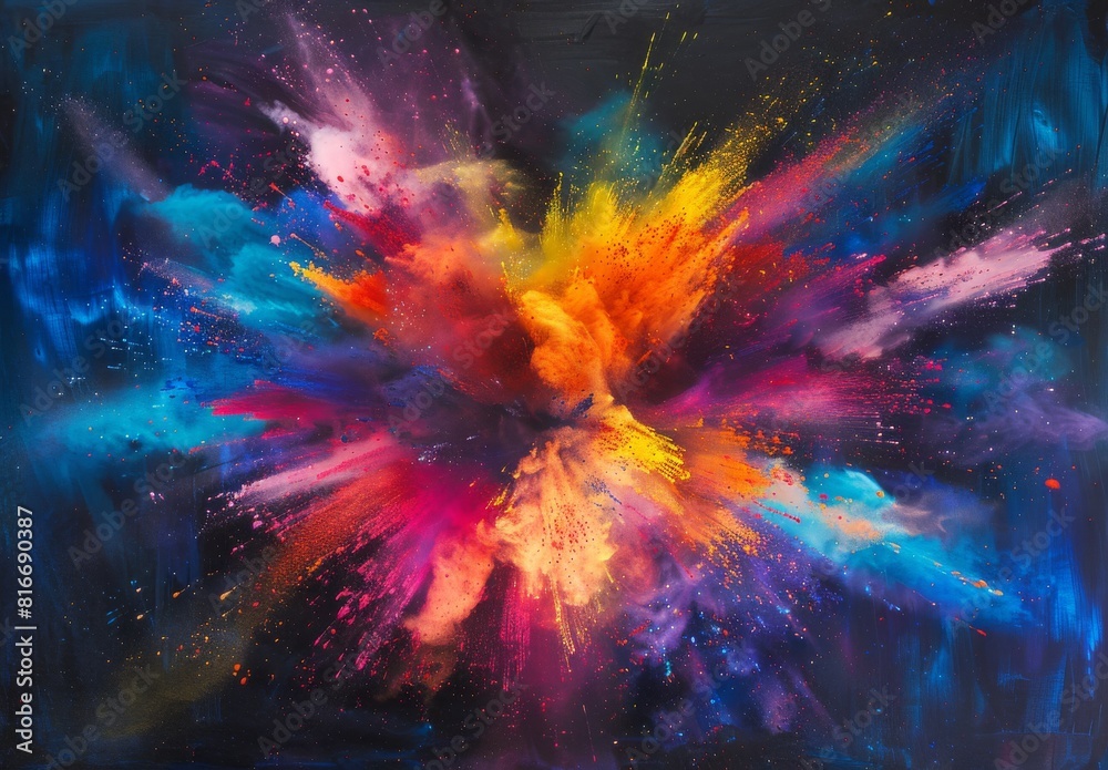 Wall mural a colorful explosion of paint is splattered across a dark background. the colors are bright and vibr
