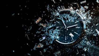 A broken clock exploding with shattered glass around it. The clock is black and has a white face. Concept of urgency and danger, as if time is running out